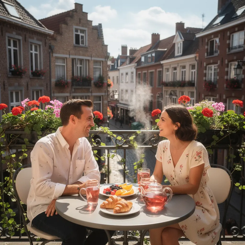 Table Г©lГ©gamment dressГ©e pour un goГ»ter, avec des tasses de thГ© et des douceurs inspirГ©es des fleurs.