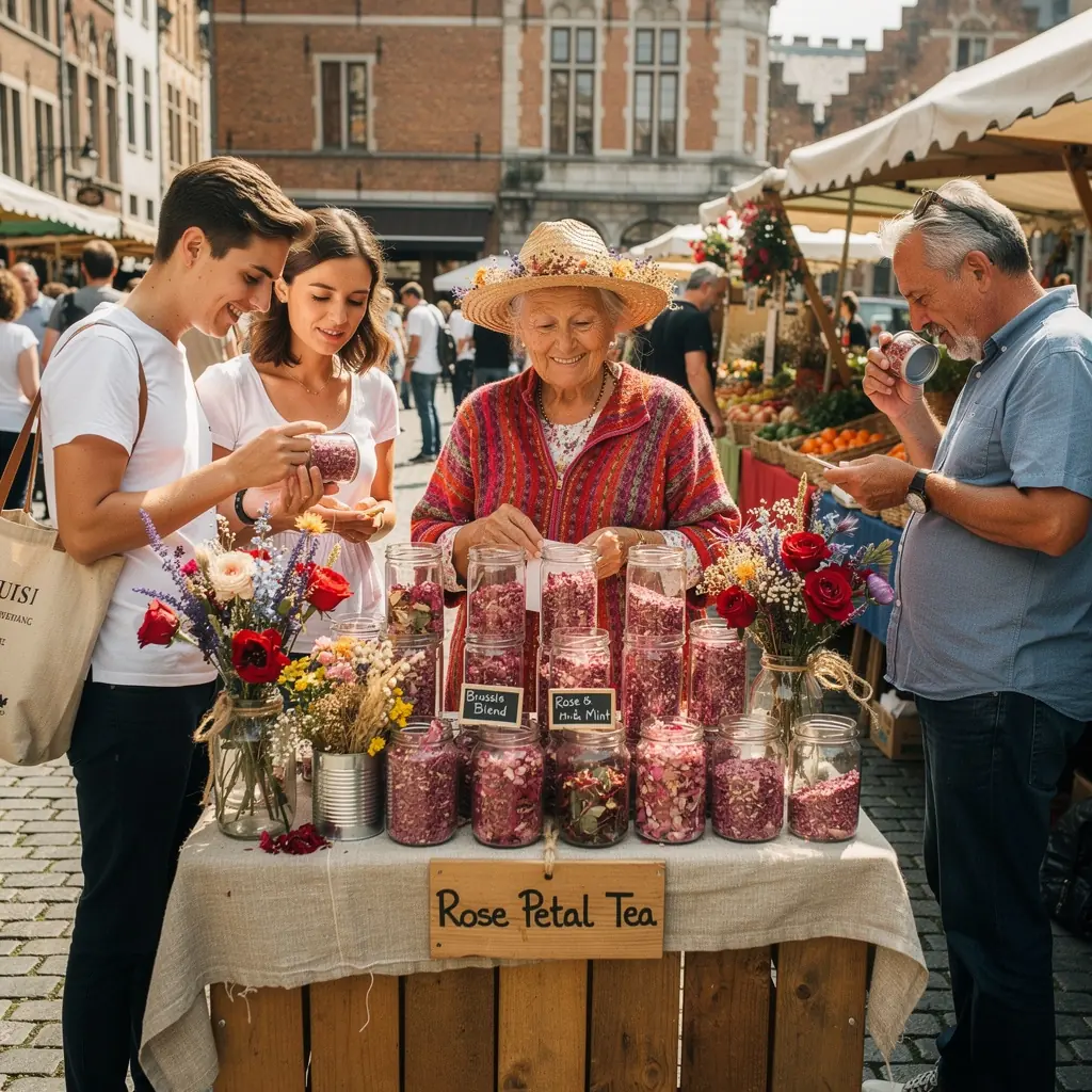 Table élégamment dressée avec des tasses de thé et des douceurs sucrées à base de rose.
