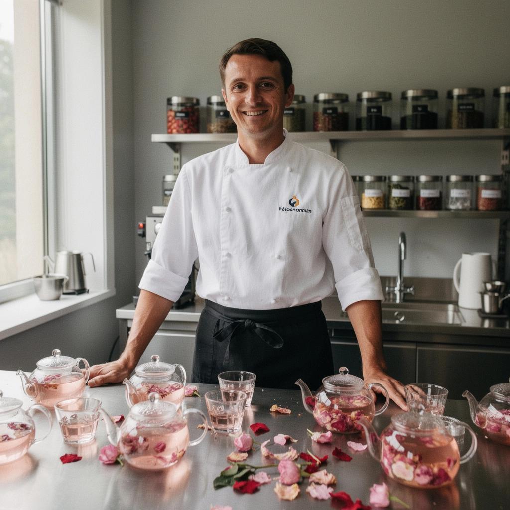 Tasse de thé infusé avec des pétales de rose flottants, entourée de fleurs délicates.