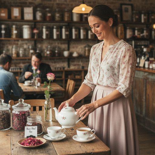 Gros plan sur des pétales de rose séchés, illustrant la douceur et l'élégance du thé.